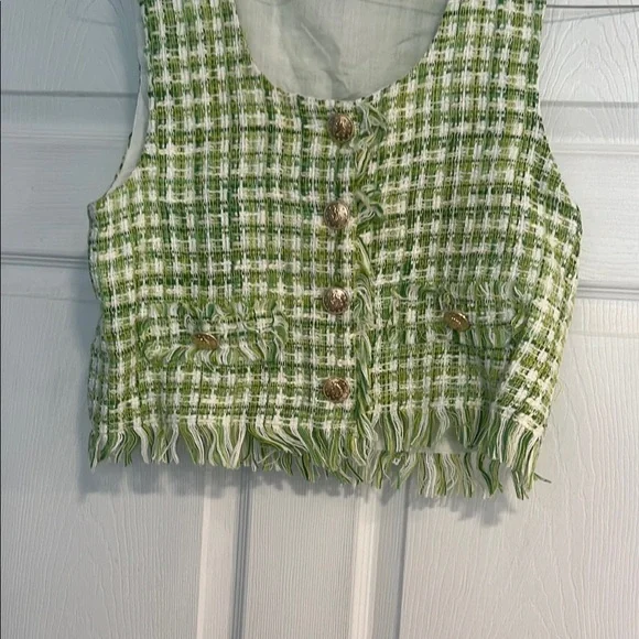 Zara Tweed Vest in Green and White with Gold Accents - Picture 3 of 6